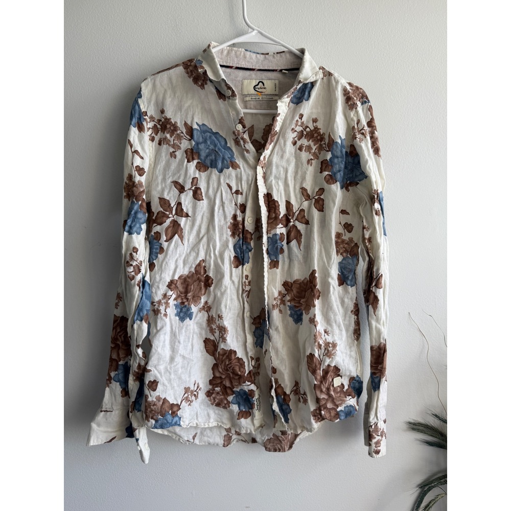 Being Human Mens Slim Fit Premium 100% Linen Floral Button Down Shirt Medium